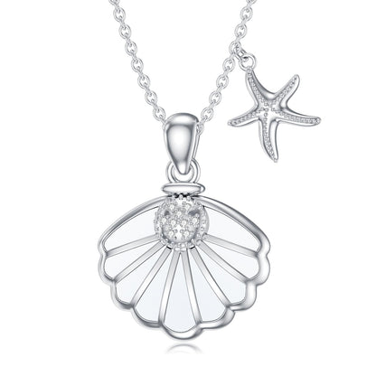 LWXIE Diamond Shell Starfish Necklace 925 Sterling Silver Sea Shell Charm Necklace for Women Beach Jewelry Gifts for Birthday