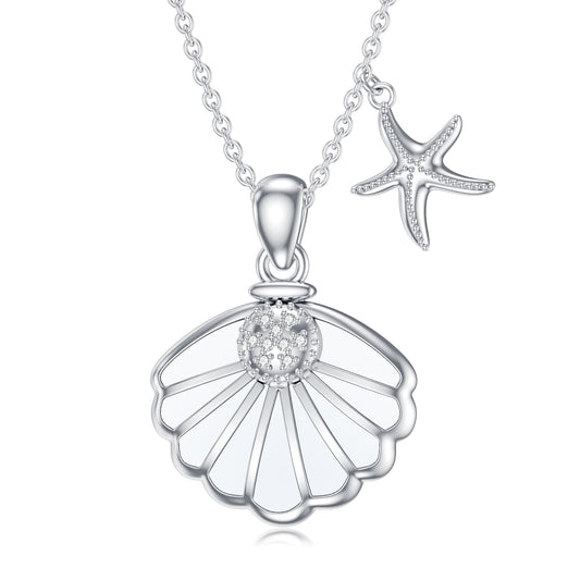 LWXIE Diamond Shell Starfish Necklace 925 Sterling Silver Sea Shell Charm Necklace for Women Beach Jewelry Gifts for Birthday