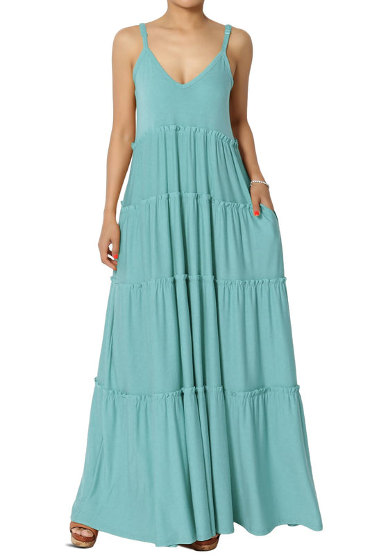 TheMogan Women's Ruffle Tiered V-Neck Cami Long Maxi Dress w Pocket Casual Summer Dusty Teal M