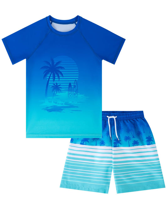 Boys Swim Sets Kids Short Sleeve Bathing Suit Blue Rash Guard for Boys Palm Tree Swim Trunks with Surfing Water Shirts Size 10