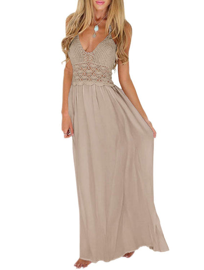 LILBETTER Women's Beach Crochet Backless Bohemian Halter Maxi Long Dresses(Khaki,X-Large)