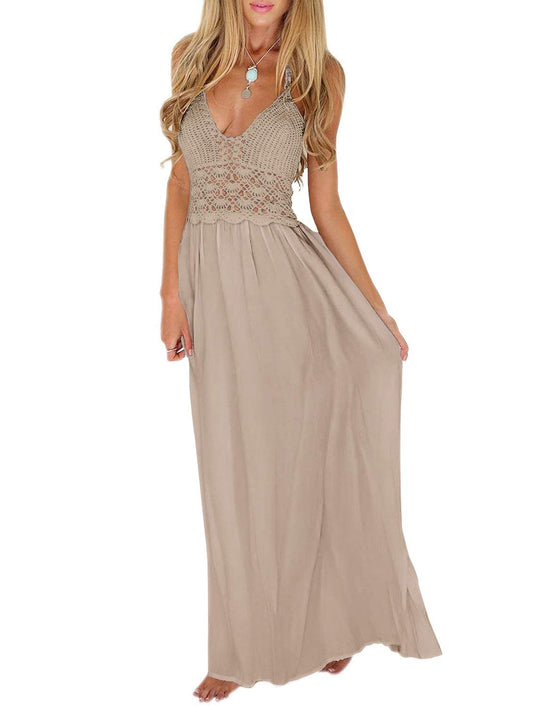 LILBETTER Women's Beach Crochet Backless Bohemian Halter Maxi Long Dresses(Khaki,X-Large)