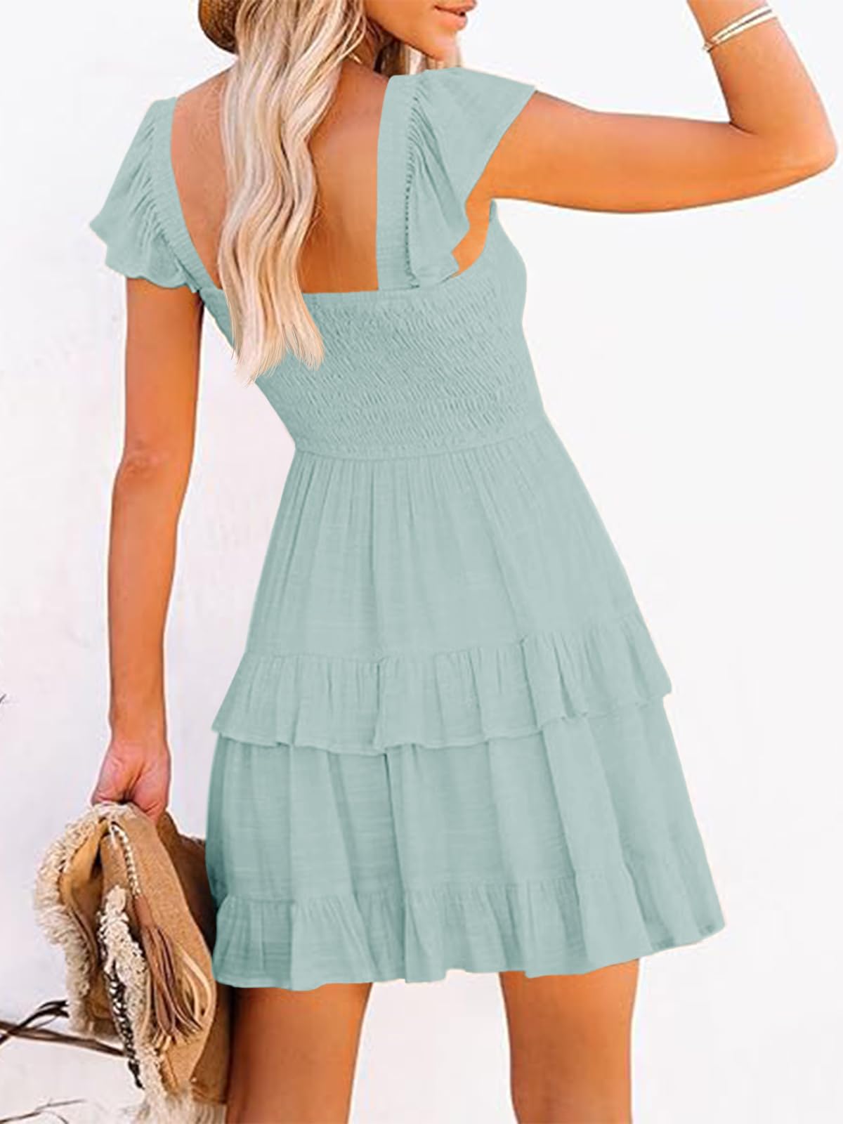 Women Summer Dresses Casual Boho Smocked Ruffle Sun Beach Babydoll Mini Dress Layered Flowy Swing Dress Blue Grey