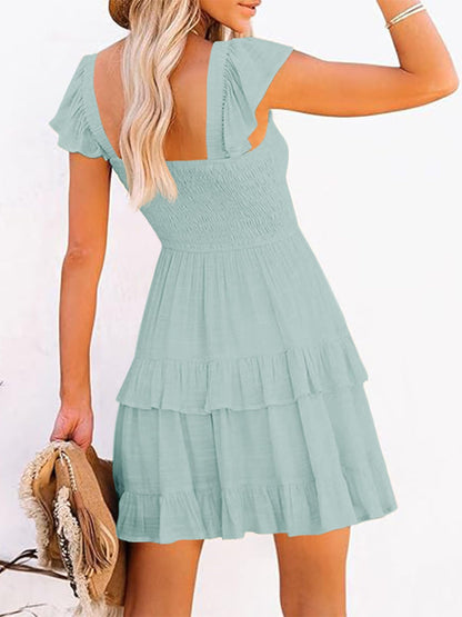 Women Summer Dresses Casual Boho Smocked Ruffle Sun Beach Babydoll Mini Dress Layered Flowy Swing Dress Blue Grey