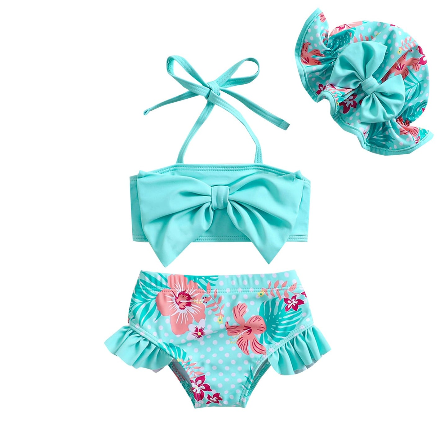 Aimaopao Baby Girls Swimsuit Infant Toddler Girl Bathing Suit Bikini Two Piece Swimwear with Hat (Blue Floral, 6-12 Months)