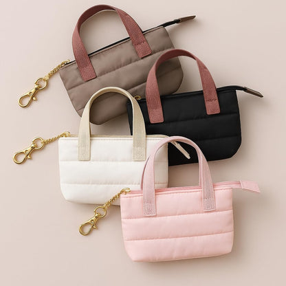 MyfavoriteK Mini Puffer Tote Bag Keychain Puffy Purse Keyring with Gold Heart Charm Cute Bag Charm Gift for Women Girls Teens Key Ring (Pink)