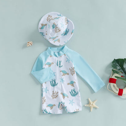 Toddler Infant Baby Boy Swimsuit Newborn Rash Guard Baby Boys Girls One Piece Zipper Bathing Suit Swimwear with Hat (a-Ivory, 1-2 Years)