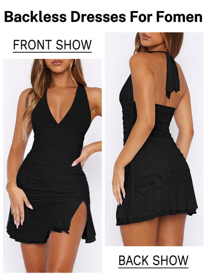 MIYIEONZ Women Sexy Halter Deep V Neck Ruched Bodycon Dress Summer Side Slit Mesh Hem Cocktail Club Party Going Out Large Black Short Mini Dresses