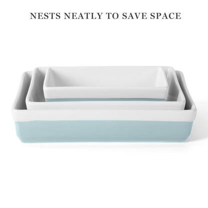 MARTHA STEWART 3-Piece Oven to Table Stoneware Bakeware Set – Baking Dish & Casserole Set – Dusty Blue – Durable Oven-Safe Bakeware for Baking and Serving