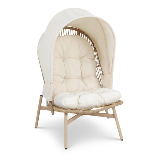 Athena Collection Patio Wicker Egg Chair with Folding Canopy, All-Weather Rattan Patio Lounge Chair with Sun Shade, Balcony Furniture Outside Seating for Front Porch, Garden, Poolside, Outdoor, Beige
