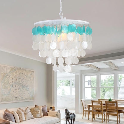JC TOPA 4-Light Shells Chandelier, Modern Coastal Dining Room Light Fixtures, 17.7” Boho Seashell Light Fixtures for Bathroom Chandeliers Over Tub, Kitchen, Foyer, White and Blue