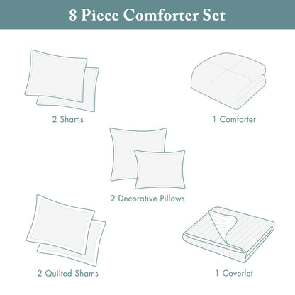Madison Park Marina Comforter Quilt Combo Set - Modern Luxury Design, All Season Down Alternative Bedding, Matching Shams, Decorative Pillows, King/Cal King(104"x92"), Aqua 8 Piece
