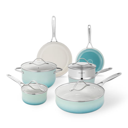 ONGIFT Kitchen Pots and Pans Set Non Stick, 11 Pcs Ceramic Cookware Set with Stay-Cool Handle, Pot and Pan Set NonToxic PFOA/PFAS Free, Dishwasher/Oven Safe, Evenly Heats, Enamel Exterior - Teal