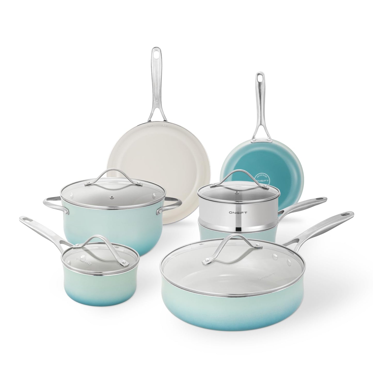 ONGIFT Kitchen Pots and Pans Set Non Stick, 11 Pcs Ceramic Cookware Set with Stay-Cool Handle, Pot and Pan Set NonToxic PFOA/PFAS Free, Dishwasher/Oven Safe, Evenly Heats, Enamel Exterior - Teal