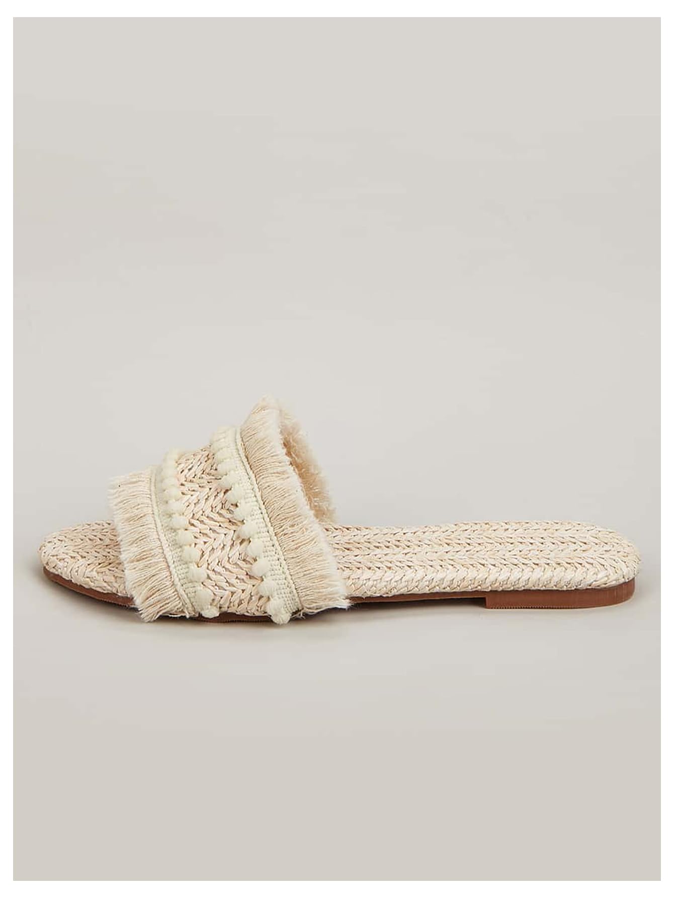 OYOANGLE Women's Fringe Straw Sandals Crochet Open Toe Single Band Flat Slip On Sandals Beige 7