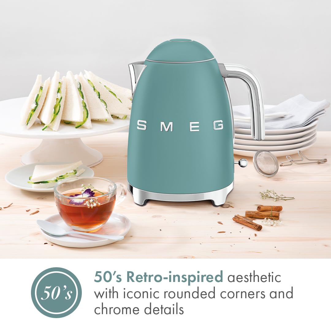 SMEG KLF03 7 Cup Electric Water Kettle, Retro-Style, Soft-Opening Lid, Auto Shut-Off, 360° Swivel Base – Jade