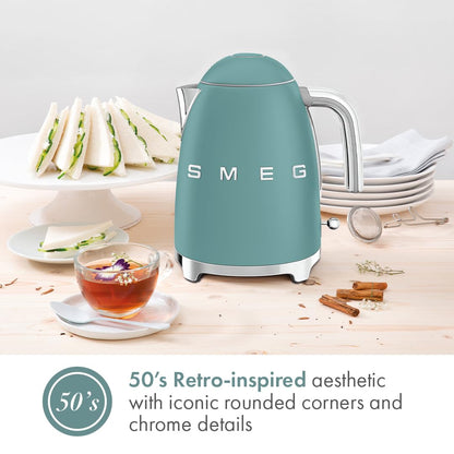 SMEG KLF03 7 Cup Electric Water Kettle, Retro-Style, Soft-Opening Lid, Auto Shut-Off, 360° Swivel Base – Jade