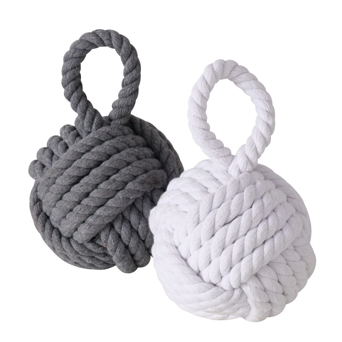 Nautical Knot Door Stopper, Set of 2, Grey and White, Natural Jute Rope, Hand Tied, Loop Handle, 6 D x 9 H inches, Weighted, 5.5 Pounds Together
