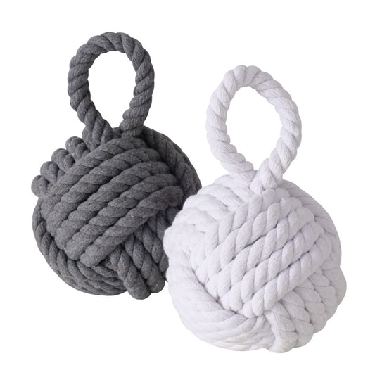 Nautical Knot Door Stopper, Set of 2, Grey and White, Natural Jute Rope, Hand Tied, Loop Handle, 6 D x 9 H inches, Weighted, 5.5 Pounds Together