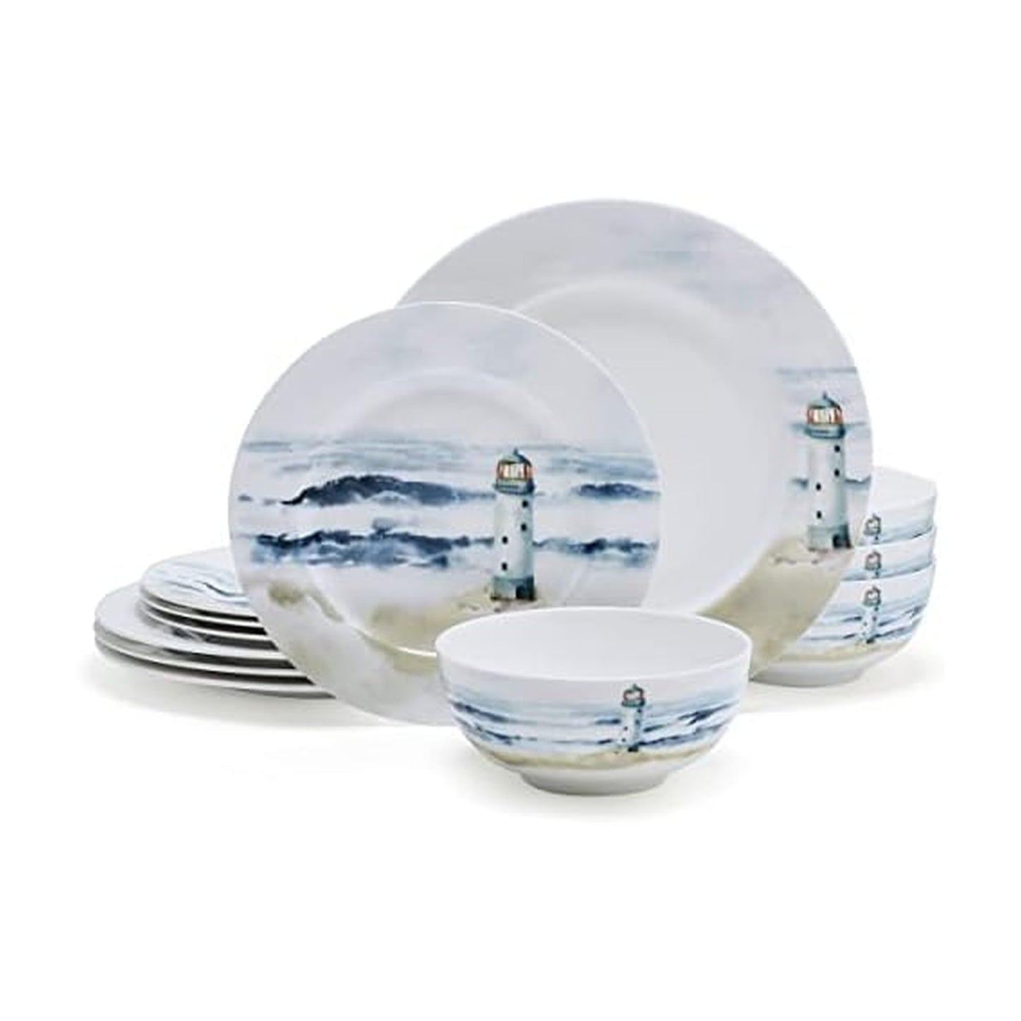 Mikasa Seaside Coastal Bone China Lightweight Chip Resistant 12 Piece Dinnerware Set, Service for 4