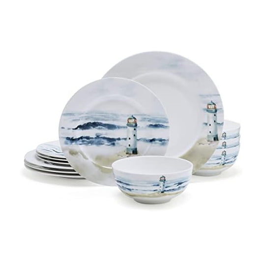 Mikasa Seaside Coastal Bone China Lightweight Chip Resistant 12 Piece Dinnerware Set, Service for 4