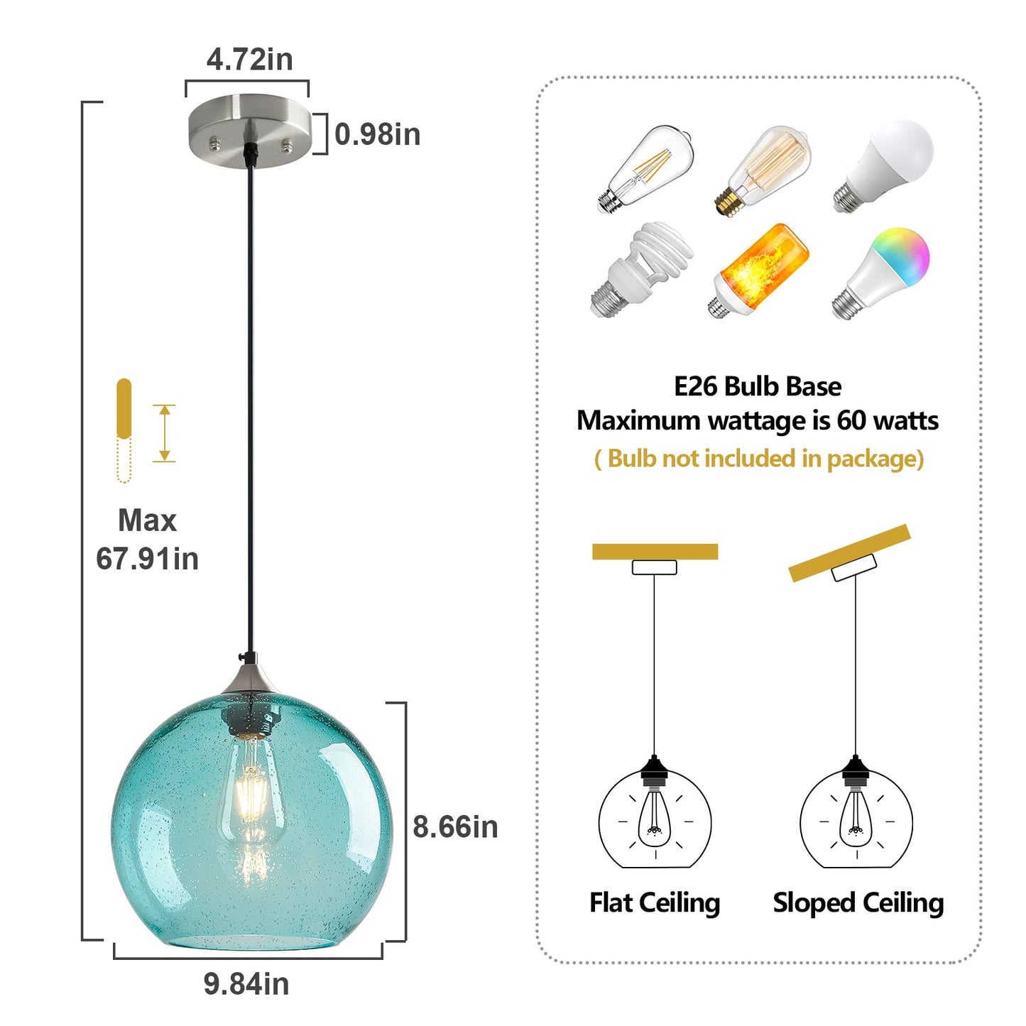 LBSQJ Light Blue Glass Pendant Lights Kitchen Island Globe Pendant Light Fixtures Modern Pendant Lighting for Bedroom Living Dining Room Light Fixture (9.84 in, 1 Pack)