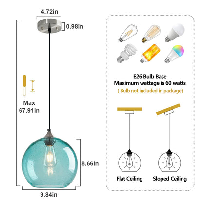 LBSQJ Light Blue Glass Pendant Lights Kitchen Island Globe Pendant Light Fixtures Modern Pendant Lighting for Bedroom Living Dining Room Light Fixture (9.84 in, 1 Pack)