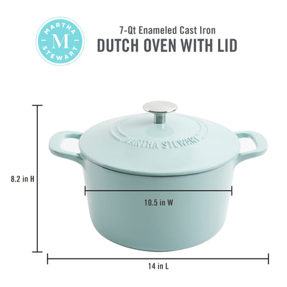 MARTHA STEWART Gatwick 7-Quart Enamel Cast Iron Dutch Oven – Martha Blue – Durable Heavy-Duty Dutch Oven for Slow Cooking, Braising & Baking
