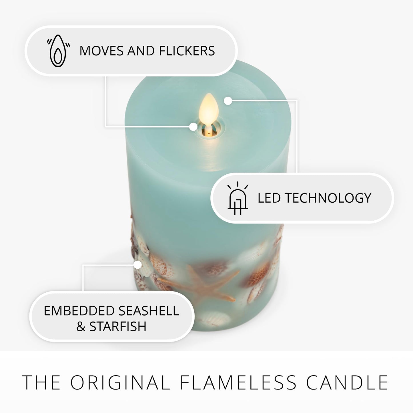 Luminara Flameless LED Candle Soft Teal Embedded Seashell & Starfish Moving Flame Pillar Unscented Real Wax with Recessed Edge, Timer (6.5-inch)