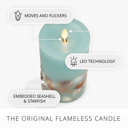 Luminara Flameless LED Candle Soft Teal Embedded Seashell & Starfish Moving Flame Pillar Unscented Real Wax with Recessed Edge, Timer (6.5-inch)