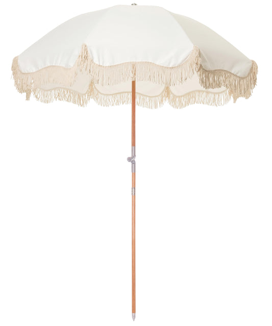 Business & Pleasure Co. Premium Beach Umbrella - Luxury Boho Beach Umbrella with White Fringe, UPF 50+ UV, Wood Pole, 6' x 7', Antique White