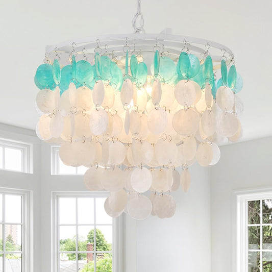 JC TOPA 4-Light Shells Chandelier, Modern Coastal Dining Room Light Fixtures, 17.7” Boho Seashell Light Fixtures for Bathroom Chandeliers Over Tub, Kitchen, Foyer, White and Blue