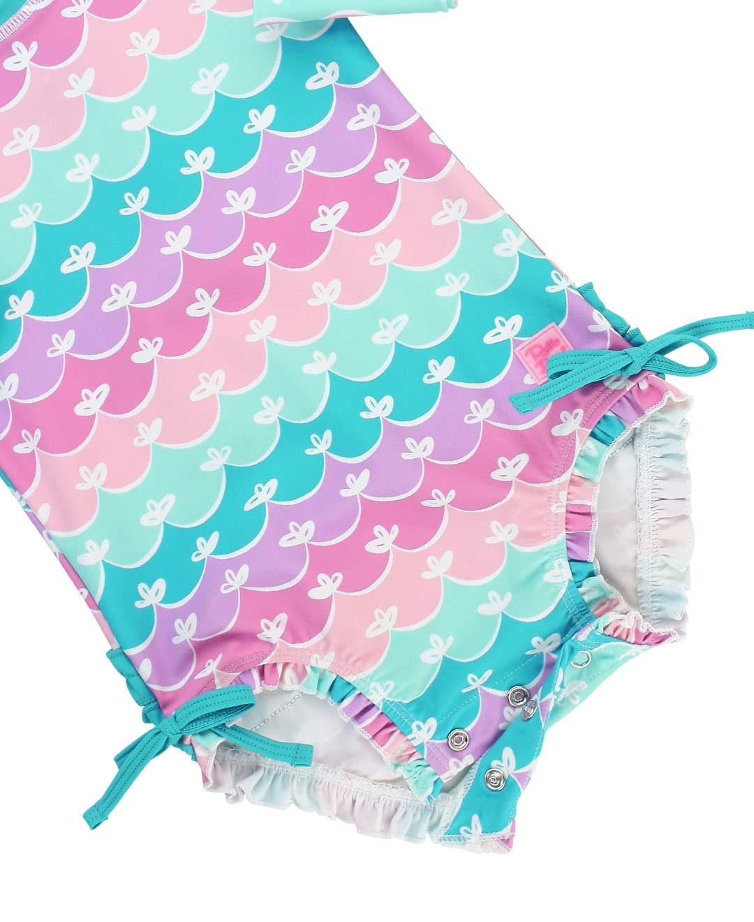 RuffleButts Baby Girls UPF 50+ Sun Protection Novelty Print Long Sleeve One Piece Rash Guard Swimsuit with Zipper - Mermaid/Aqua, 18-24m
