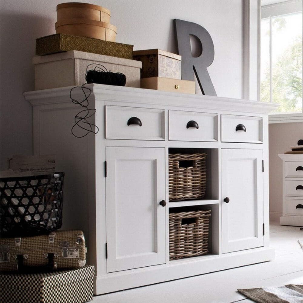 NovaSolo Halifax Pure White Mahogany Wood Sideboard Dining Buffet With Storage, 3 Drawers And 2 Rattan Baskets
