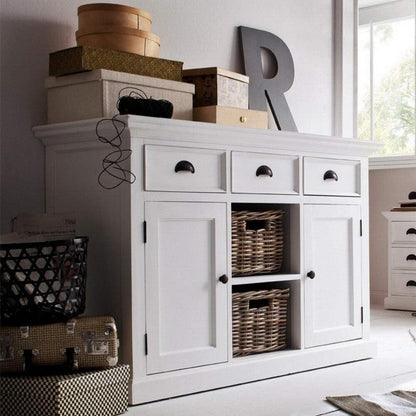 NovaSolo Halifax Pure White Mahogany Wood Sideboard Dining Buffet With Storage, 3 Drawers And 2 Rattan Baskets