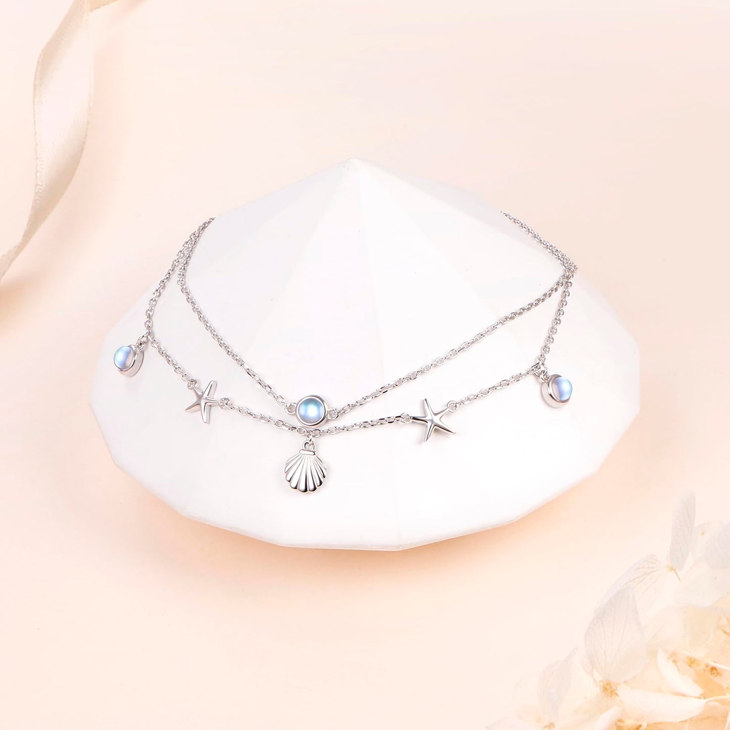Ladytree Starfish and Shell Layer Anklet for Women S925 Sterling Silver Beads Charm Foot Chain Created Moonstone Boho Beach Double Layer Anklets Bracelet Adjustable 9 to 10.5 inches