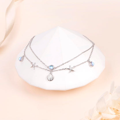 Ladytree Starfish and Shell Layer Anklet for Women S925 Sterling Silver Beads Charm Foot Chain Created Moonstone Boho Beach Double Layer Anklets Bracelet Adjustable 9 to 10.5 inches