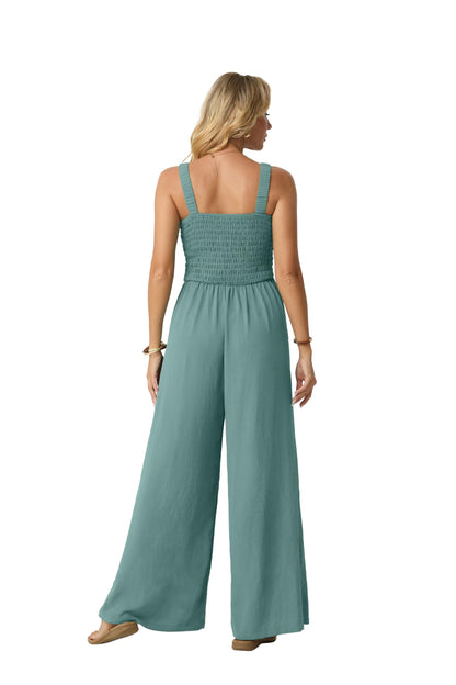 Lepunuo Jumpsuits for Women Casual One Piece Overalls Smocked Wide Leg Long Rompers With Pockets Beach Vacation