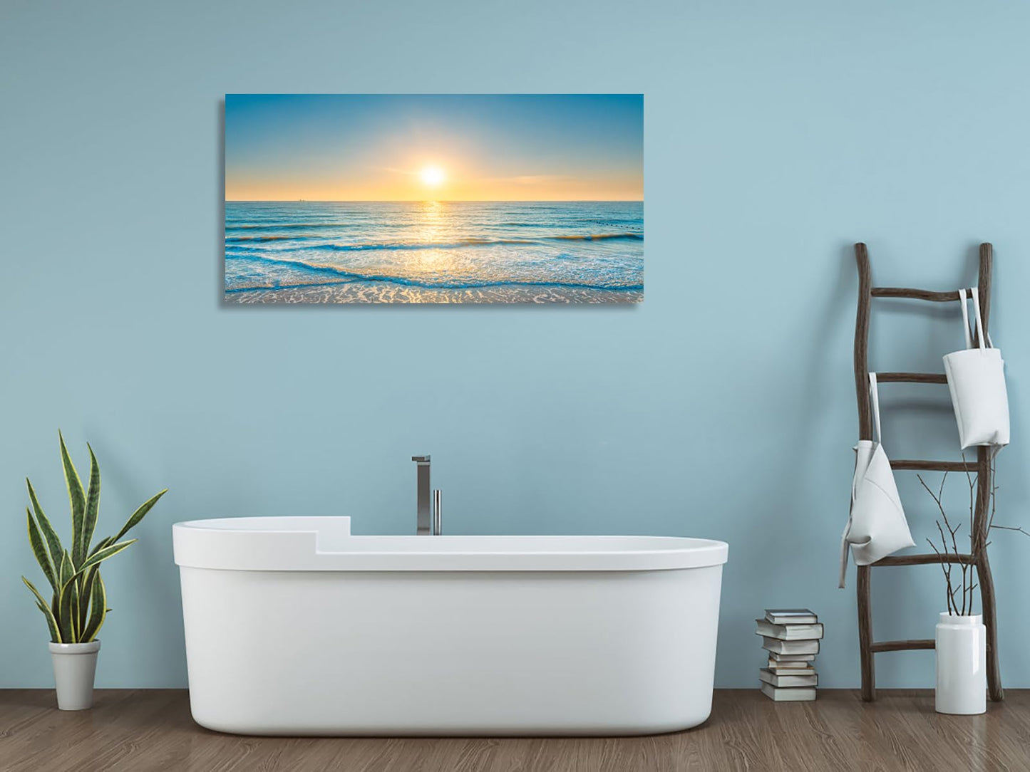 KUNHAAH Wall Art Canvas Painting Blue Sea Beautiful Seascape 1 Piece Ocean Sunset Waves Picture Poster Print Framed and Stretched Ready to Hang for Living Room Bedroom Artework