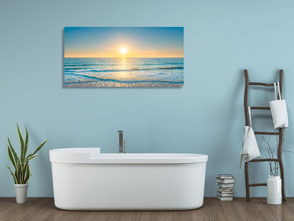 KUNHAAH Wall Art Canvas Painting Blue Sea Beautiful Seascape 1 Piece Ocean Sunset Waves Picture Poster Print Framed and Stretched Ready to Hang for Living Room Bedroom Artework