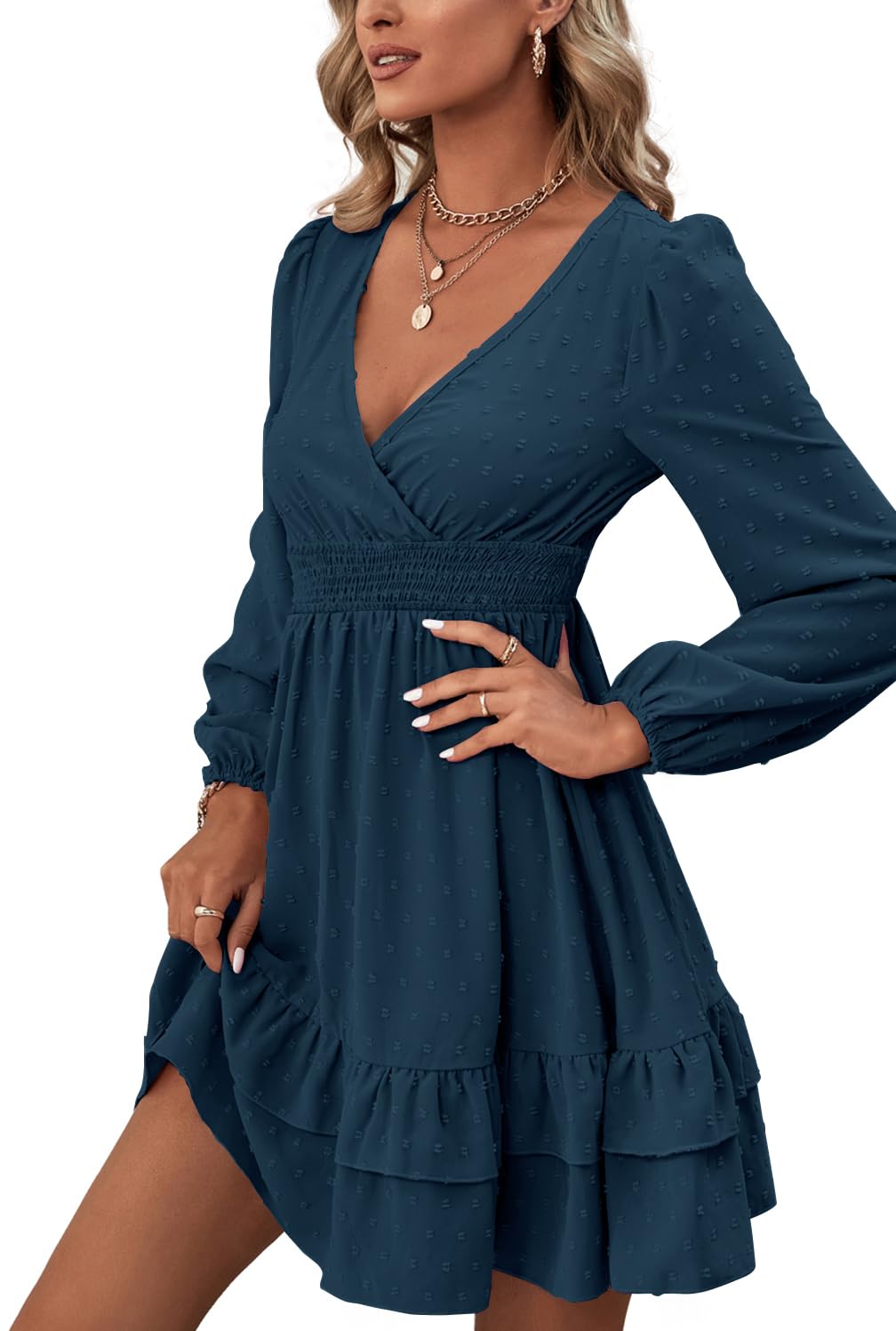 Rooscier Women's Wrap V Neck Swing Ruffle Swiss Dots Long Sleeve Mini Dress Teal Blue XX-Large