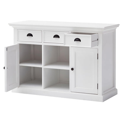 NovaSolo Halifax Pure White Mahogany Wood Sideboard Dining Buffet With Storage, 3 Drawers And 2 Rattan Baskets