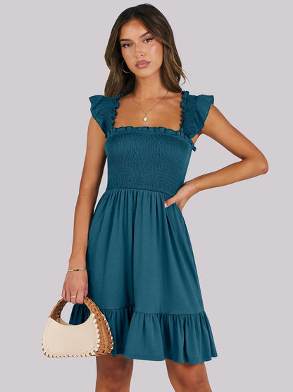 ANRABESS Women's Summer Casual Sleeveless Square Neck Dress 2026 Smocked Ruffle Backless Boho Beach Cute Teen Short Sundress Tile Blue X-Large