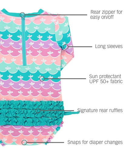 RuffleButts Baby Girls UPF 50+ Sun Protection Novelty Print Long Sleeve One Piece Rash Guard Swimsuit with Zipper - Mermaid/Aqua, 18-24m