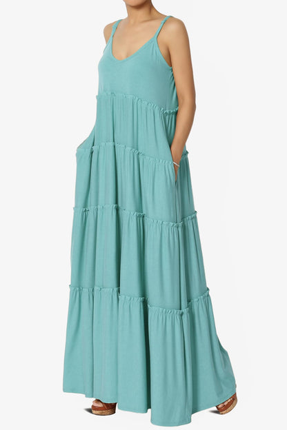 TheMogan Women's Ruffle Tiered V-Neck Cami Long Maxi Dress w Pocket Casual Summer Dusty Teal M