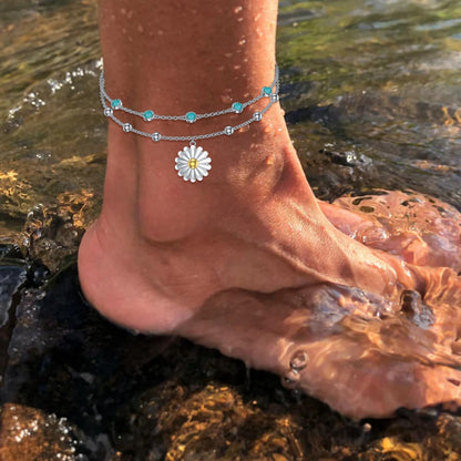 Genuine Turquoise Anklet with Daisy, Sterling Silver Summer Beach Dainty Bohemia Nature Gemstone Jewelry for Women, 9+2''