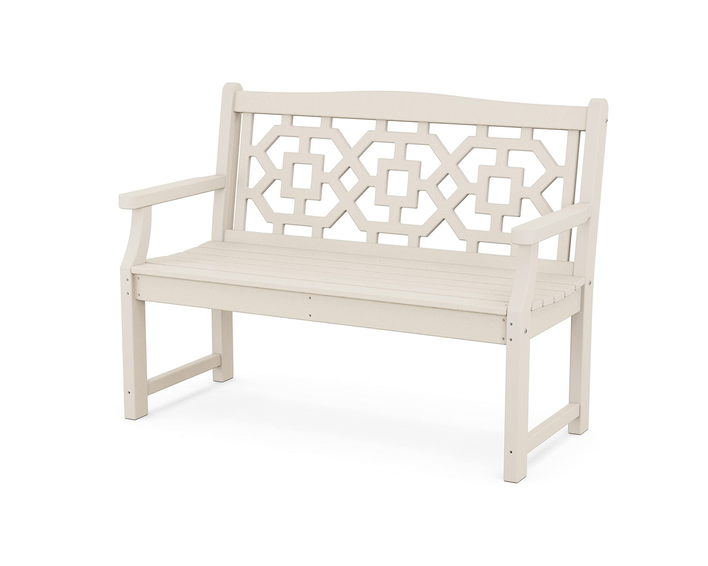Martha Stewart by POLYWOOD Chinoiserie 48" Outdoor Bench for Patio, Porch & Backyard, Sand - Durable All-Weather HDPE Garden Seat with Back Support - Classic 2 Person Seating, Made in The USA