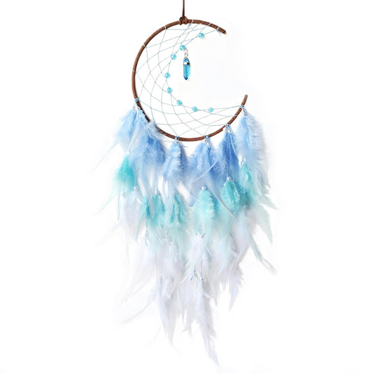 SOYUZU Blue Moon Dream Catcher Wall Decor Feather Dream Catchers with Pendant Handmade Dreamcatcher Wall Hanging Ornament for Bedroom Living Room Home Decor