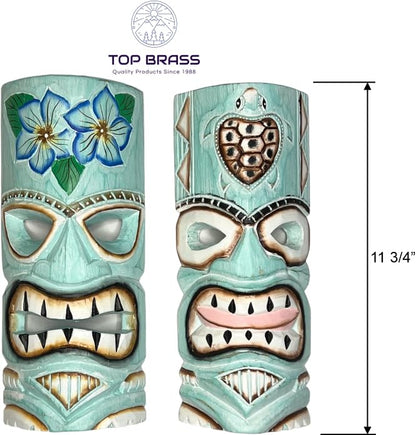 Top Brass Set of 2 – Aqua Teal Tiki Mask – Unique Hand Carved Wall Hanging or Freestanding Sculpture – Tropical Polynesian Flowers and Hawaiian Sea Turtle – Tribal Party Beach Luau Bar Decor