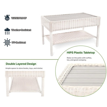 Krikacy Park Meadow Outdoor Wicker Coffee Table 34 Inch HDPE Rattan Patio Furniture with Double Shelves & Grey HIPS Top, Off White